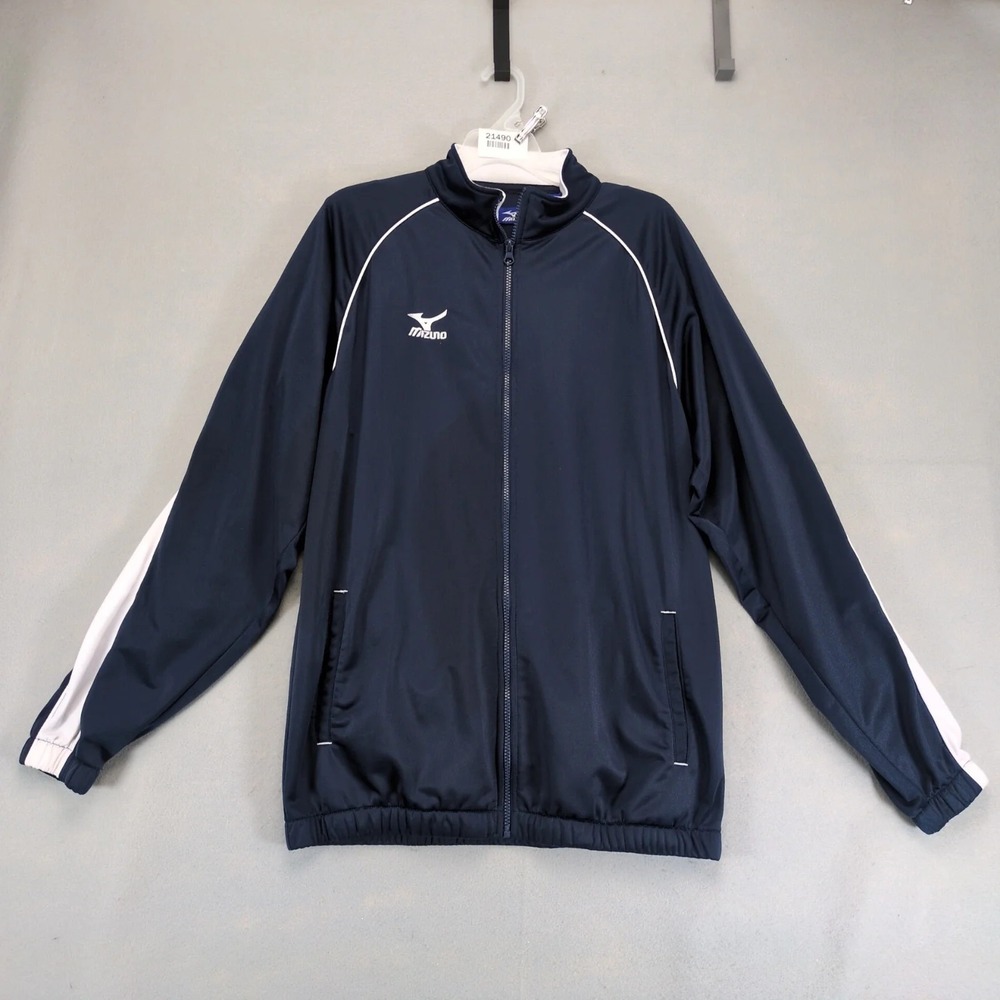 Mizuno Navy White Track Jacket Mens L Full Zip Athletic Training Performance Run